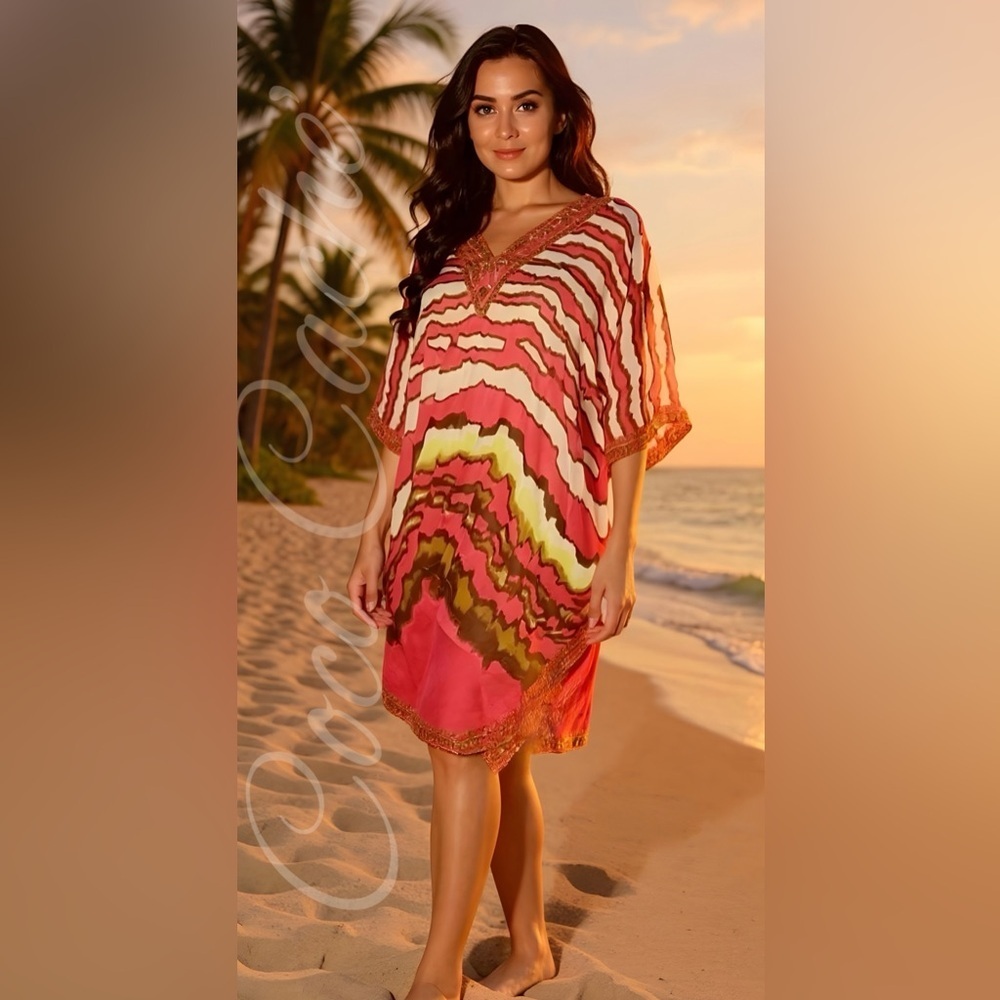 Luxury Embellished V-Neck Kaftan Poncho Midi Tunic Swimsuit Coverup Dress